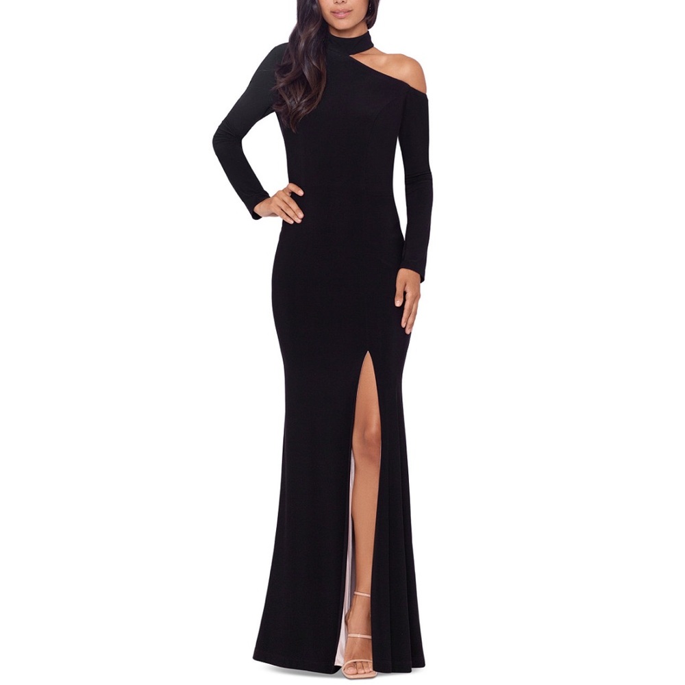 Cutout Leg-Slit Long-Sleeve Gown